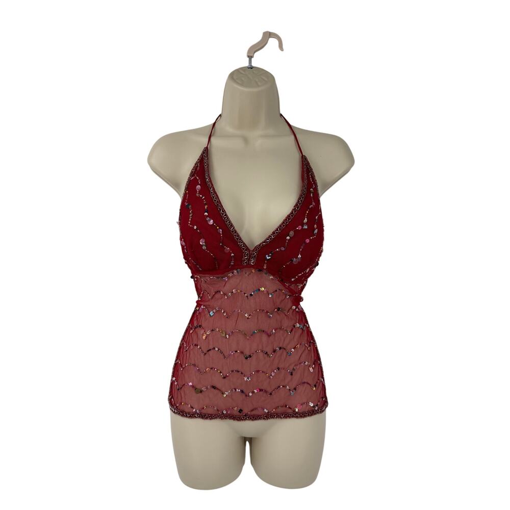 Y2K Vanity Womens M Mesh Backless Sequined Sheer Top Red Festival Fairy - Picture 2 of 10